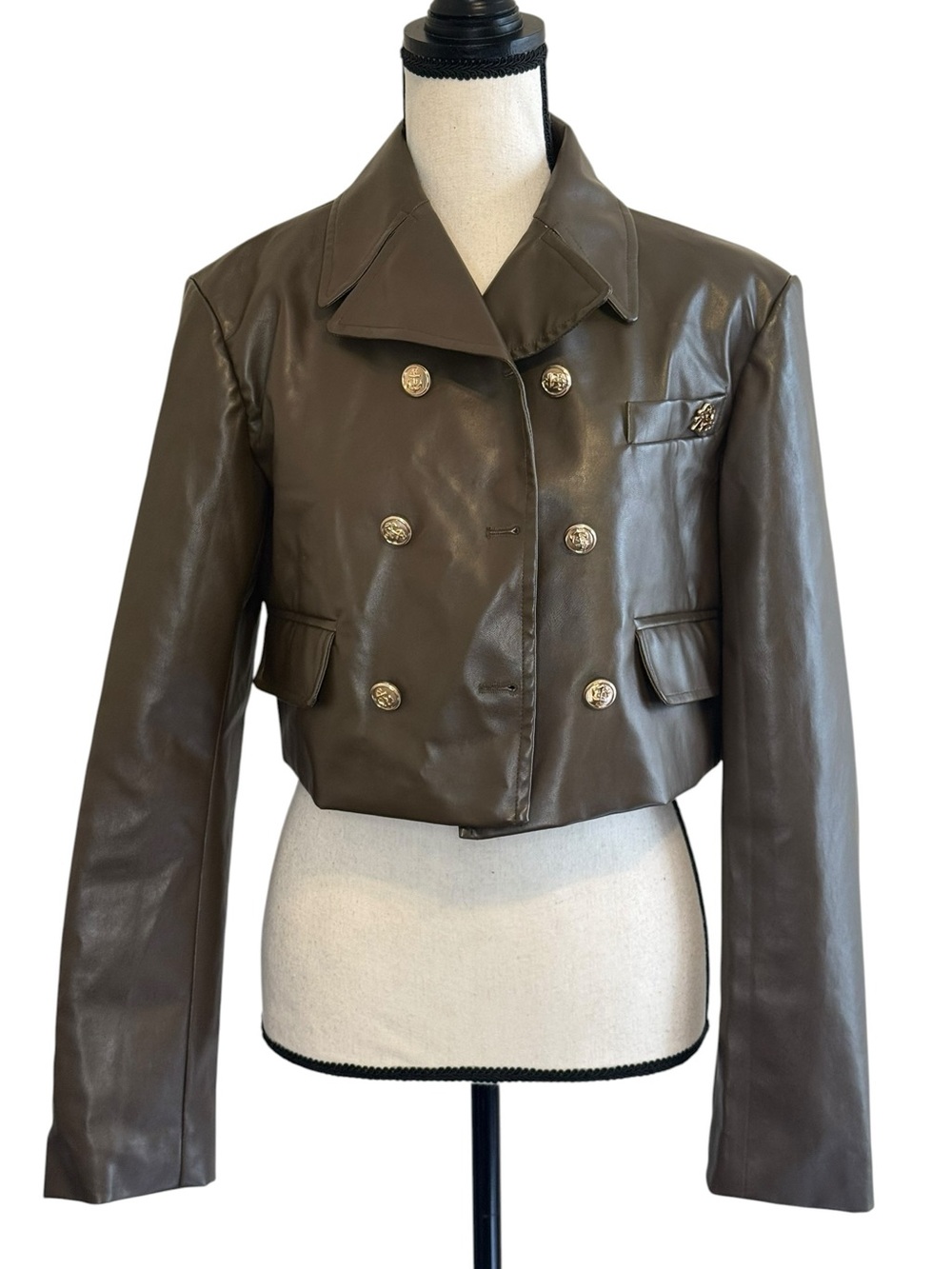Cropped Double-Breasted Faux Leather Jacket